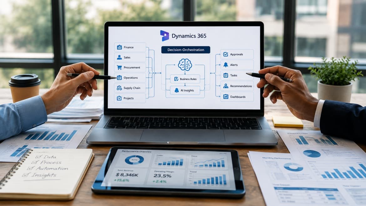 Dynamics Monk Microsoft Dynamics 365 dashboard illustrating decision orchestration with AI insights, automated workflows, approvals and cross-functional business operations.